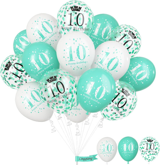 10th Birthday Decorations Girl, Teal White Happy 10th Birthday Latex Print Balloons for Boys, Turquoise White Confetti 10th Bday Party Decorations for Kids Age 10 Years Old Birthday Party Supplies