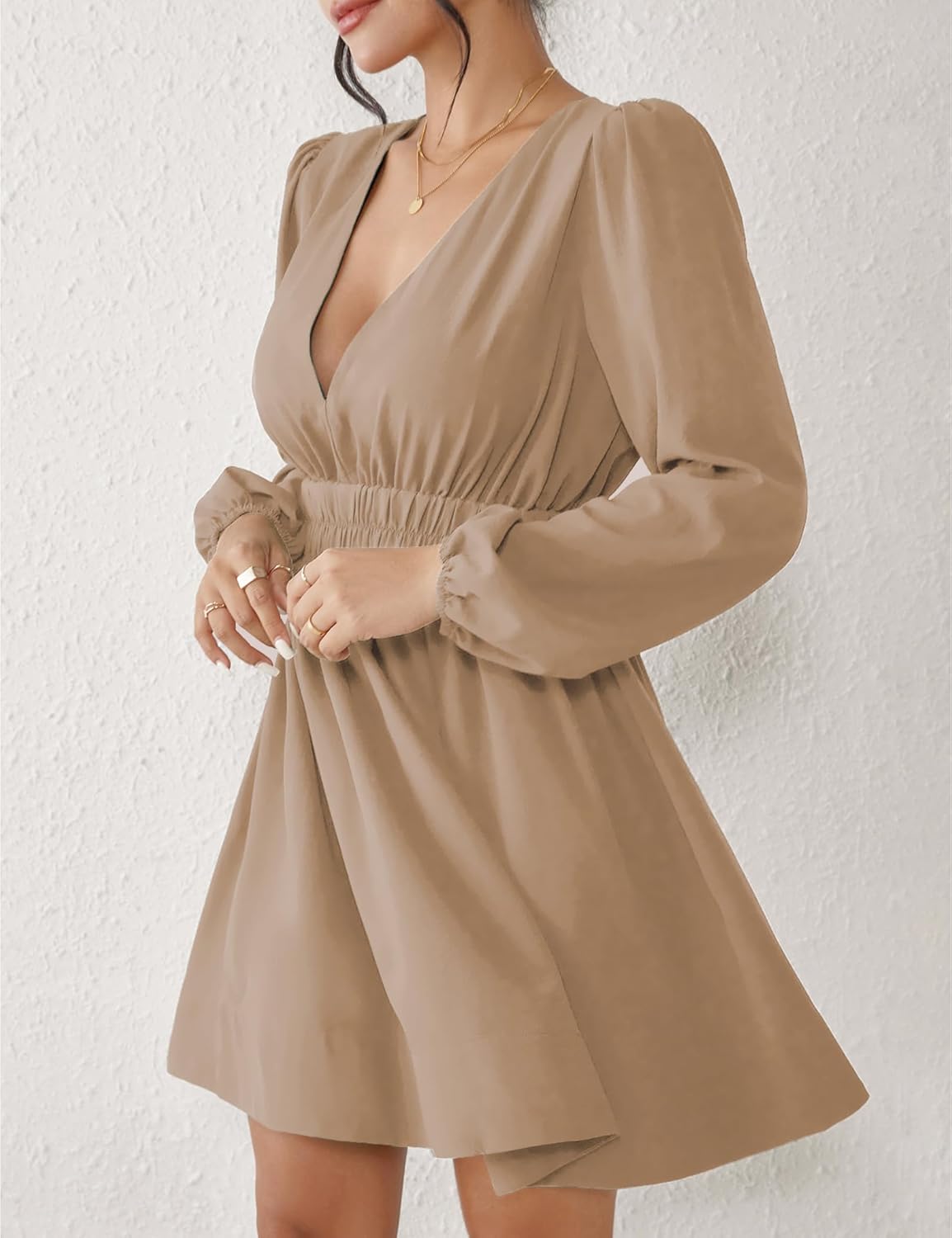 FAIABLE Mini Deep V Sexy Long Sleeve Dress for Women A-line High Waisted Casual Flowy Dress for Cocktail Wedding Guest