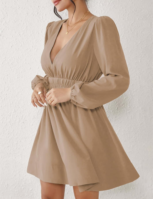 FAIABLE Mini Deep V Sexy Long Sleeve Dress for Women A-line High Waisted Casual Flowy Dress for Cocktail Wedding Guest