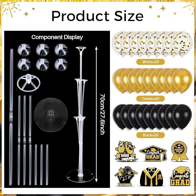 6 Sets Black Gold Graduation Balloon Stand Kit for Table Decorations Class of 2025 Congrats Grad Table Centerpiece Grad Prom Themed Decoration for Grad School & College Ceremonies Party Supplies