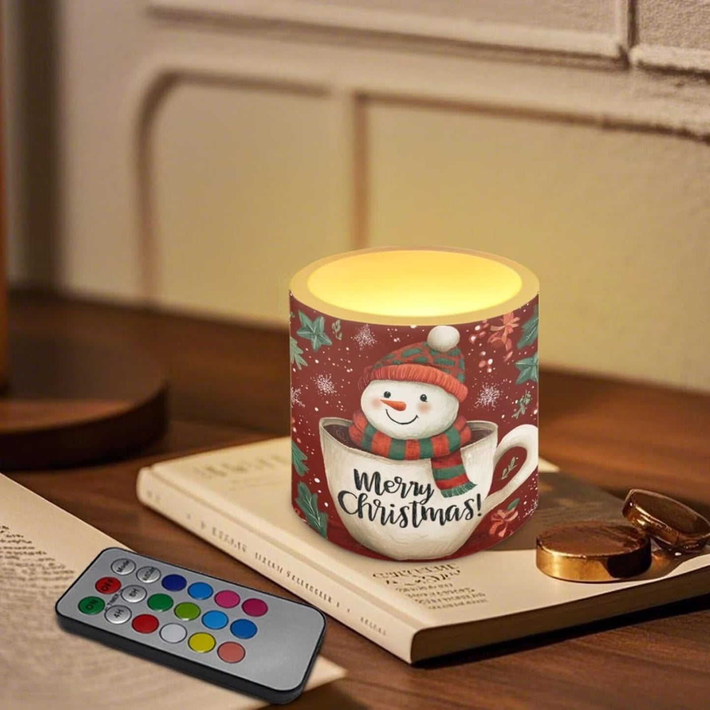Poceacles Christmas LED Candles Set of 4 Battery Powered Flameless Candles with Multi-Color Lighting Options, Timer Function, for Indoor Outdoor Decor, Snowman Teacup Merry Christmas Red