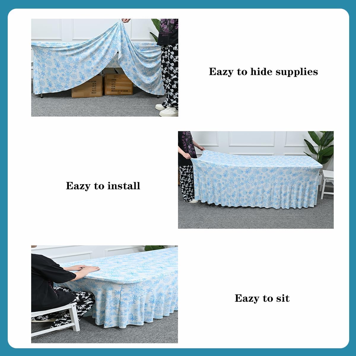 HAORUI Table Skirts, 4ft Rectangle Wrinkle Resistant Table Clothes, Ruffles Elastic Table Cover for Banquets, Weddings, Parties