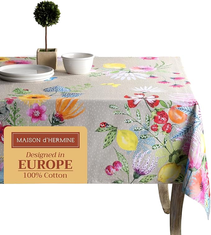 Maison d' Hermine Table Cloth Rectangle Table 100% Cotton 60 x 120 Inches Tablecloth Reusable Decorative for Dining Room Farmhouse Home Valentines Day Decorations Spring Summer - Jardin D'Ete - Fog