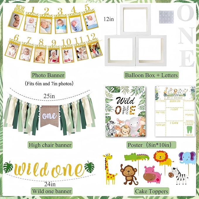 Wild One Birthday Decorations, 1st Birthday Decorations for Boy or Girl, Photo Banner, Balloon Box, Balloons Garland, High Chair Banner, Jungle Theme Safari Party Backdrop for Boys & Girls