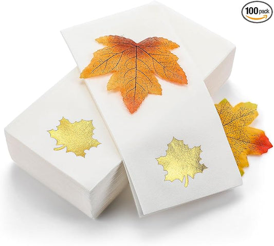 Janlaugh 100 Pcs Gold Thanksgiving Linen Disposable Bathroom Hand Towels Pumpkin Maple Leaves Foil Stamped Guest Napkins 12"x17" Paper Towels for Bathroom Home Lunch Dinner Kitchen(Maple Leaf)