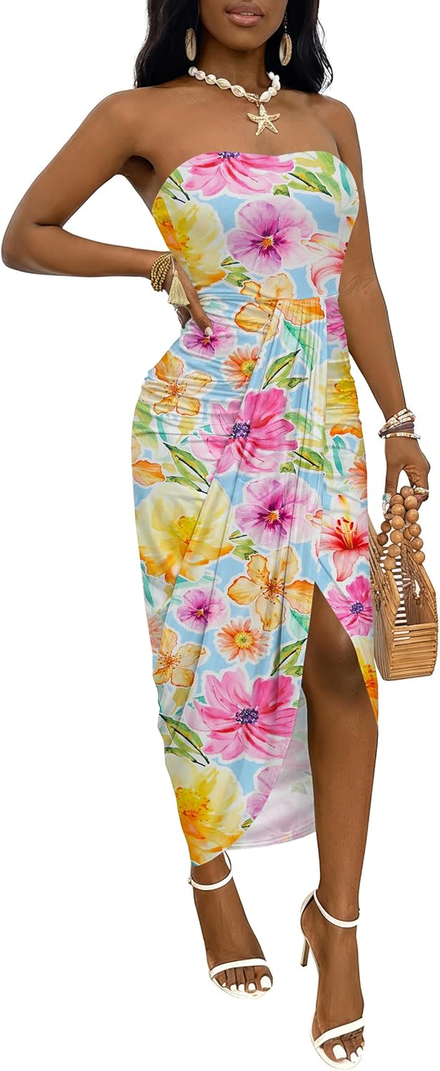 Umenlele Women's Strapless Ruched High Waist Wrap Split Asymmetrical Beach Maxi Long Dress