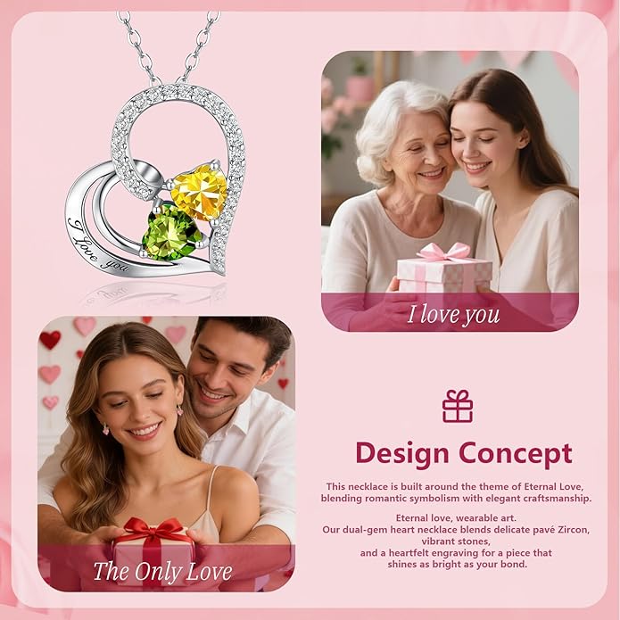 Double Birthstone Heart Necklace 0.8CT Dual-Gemstone S925 Sterling Silver Plated White Gold Engraved I Love You Perfect Anniversary/Valentine's Day Gift for Wife/Girlfriend/Mom/Daughter