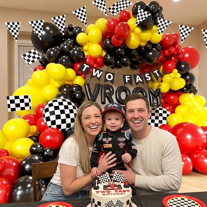 Race Car Balloons Arch Kit - 156Pcs Race Car Balloon Birthday Party Supplies, Banner, VROOM, Number 2 Foil Balloon Garland Kit for Racing Car Theme Two Fast 2nd Boy Birthday Party Decorations