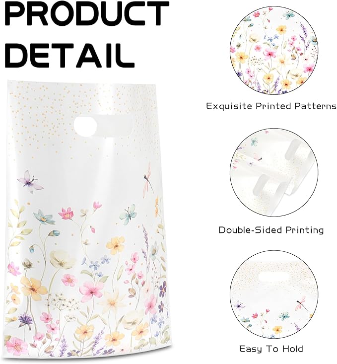 Infankey 50 PCS Wildflower Gift Bags Plastic Spring Floral Goodie Goody Treat Snack Candy Bags for Baby Shower Bridal Shower Birthday Wedding Party