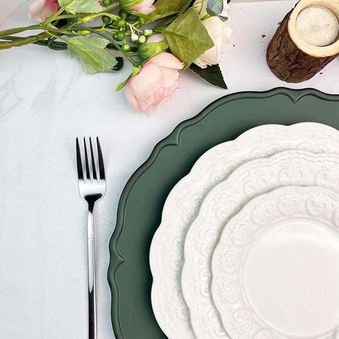Antique Green Charger Plates, 13" Round Chargers for Dinner Plates, Set of 6 Plastic Plate Chargers for Weddings, Parties, Table Setting.