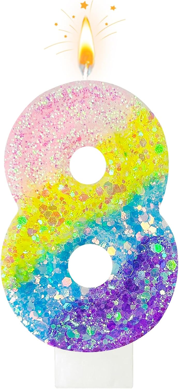 Birthday Candles Pastel Macaron Glitter 3D Rainbow Number Candles for Birthday Cake Girls Women Sweet Theme Birthday Wedding Anniversary Party Cake Decoration (Number 8)