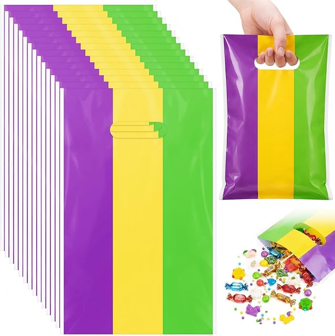 Frienda 100 Pcs Mardi Gras Plastic Gift Bags with Handles 9.84''x6.5'' Purple Yellow Green Plastic Candy Goodies Treat Favors for Event Mardi Gras Carnival Birthday Party Gift Wrapping Supplies