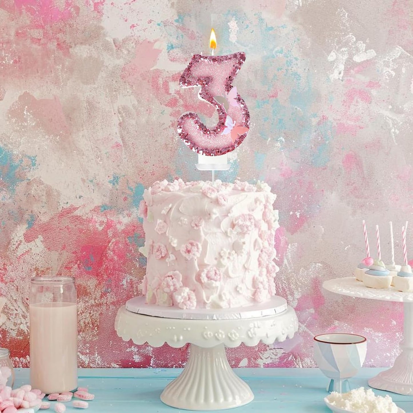 3th Birthday Candles，Glitter Butterfly Cake Toppers Pink Sequins Wedding Numeral Cupcake Decorations，Suitable for Girl and boy Wedding Cakes, Party Celebrations, Birthday Decorations