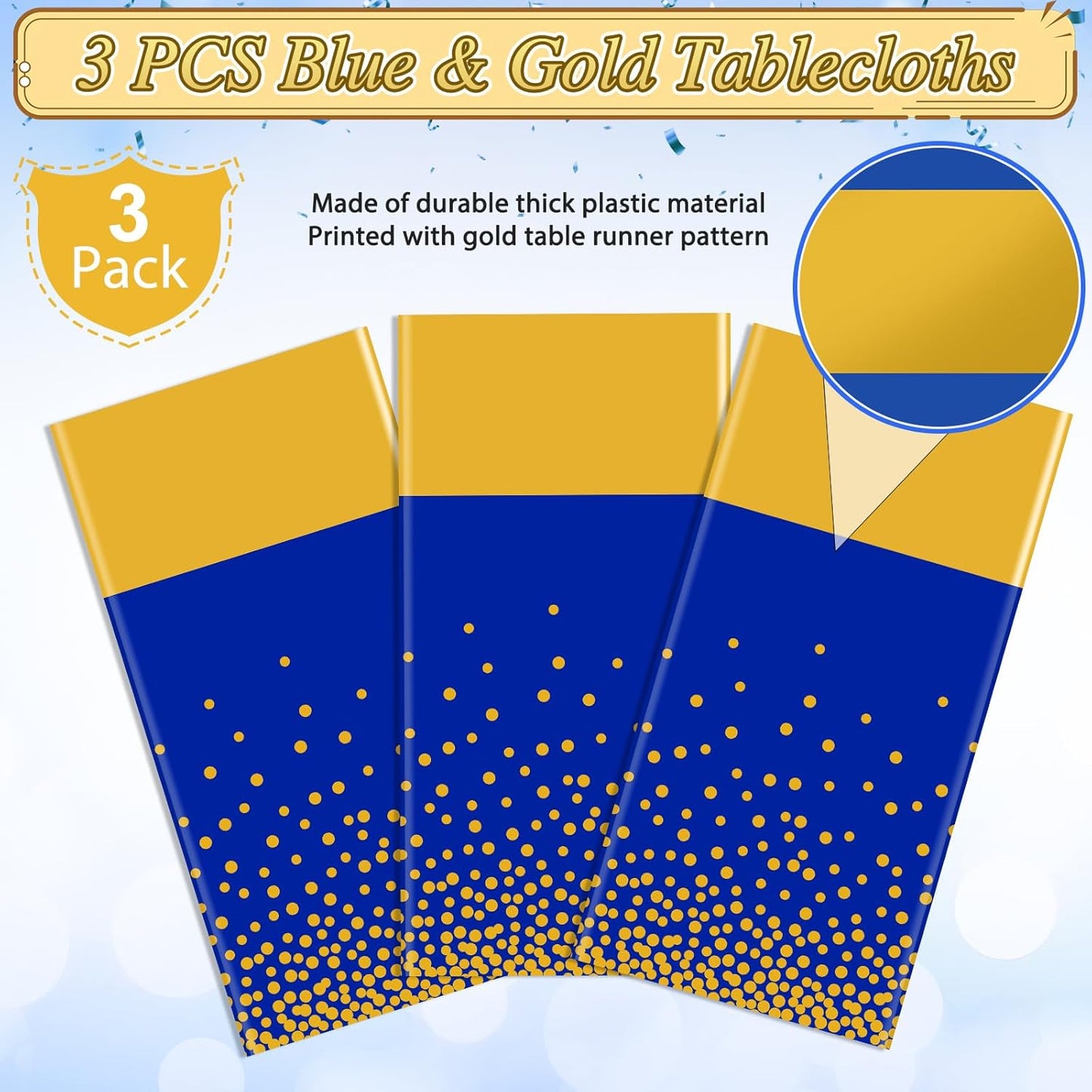 3Pcs Blue and Gold Tablecloth Party Decorations,Plastic Royal Blue Table Cloth Printed Gold Tables Runner Disposable Rectangle Table Cover for Birthday Anniversary Wedding Graduation Party,54 x108Inch