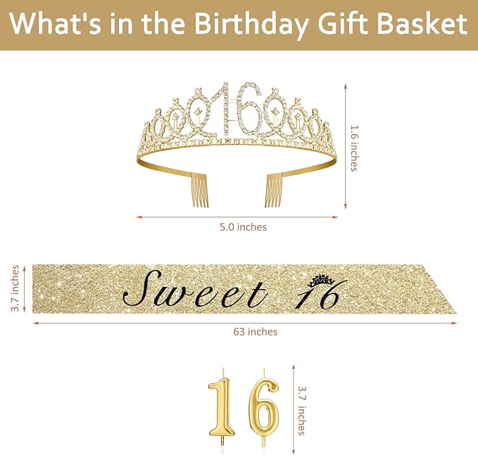 Sweet 16 Party Decorations for Girls with Sweet 16 Sash Gold, Rhinestone 16th Birthday Tiara, 16 Candles Gold, 16th Birthday Gifts for Girls
