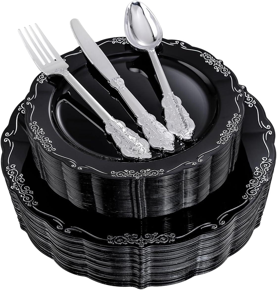 DaYammi 150 Pcs Black Silver Plastic Plates & Silver Plastic Silverware,Black silver Disposable plates for Include 30 Dinner Plate,30 Dessert Plate,30 Knives,30 Forks,30 Spoons for New Year Party