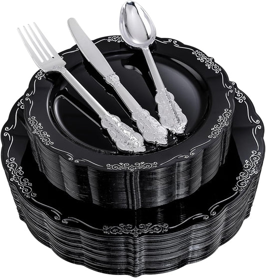 DaYammi 150 Pcs Black Silver Plastic Plates & Silver Plastic Silverware,Black silver Disposable plates for Include 30 Dinner Plate,30 Dessert Plate,30 Knives,30 Forks,30 Spoons for New Year Party
