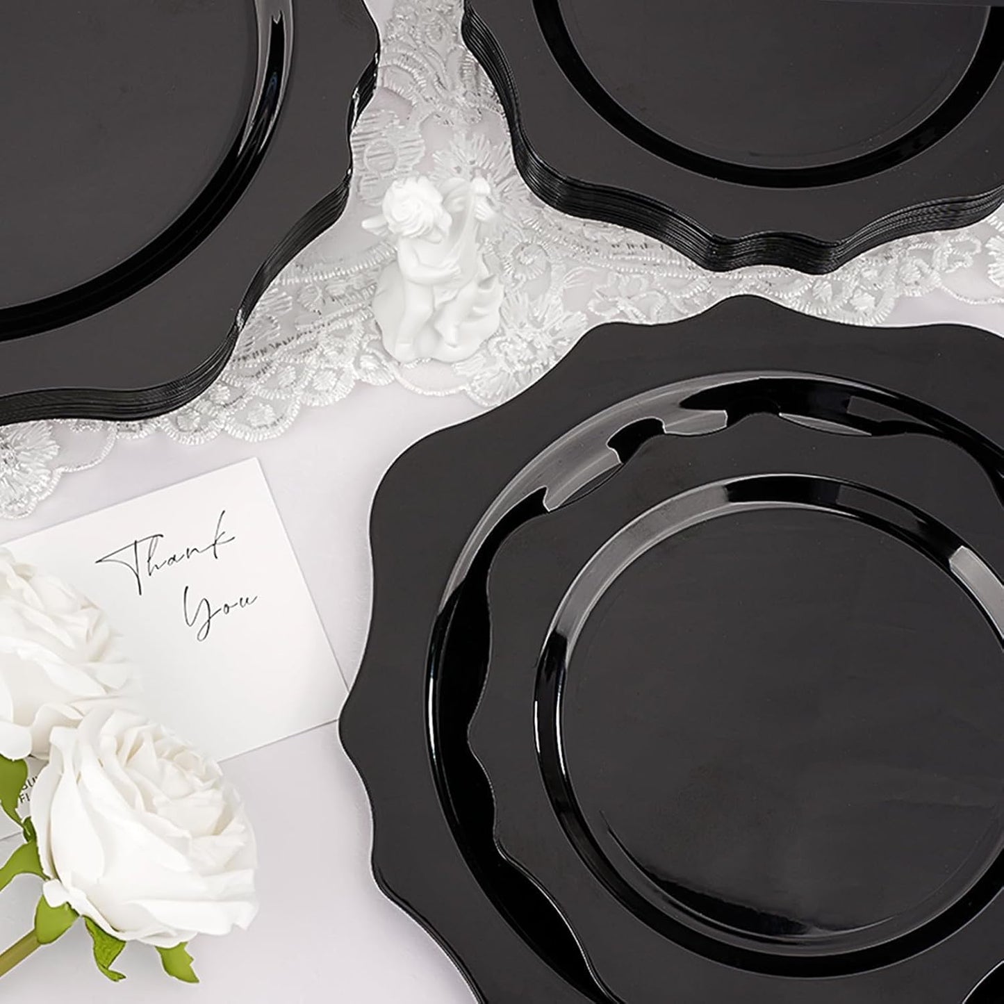 100 PCS Black Disposable Plates for 50 Guests, Scalloped Plastic Plates Include 50 Dinner Plates and 50 Dessert Plates for Party, Wedding, Graduation and Father's Day