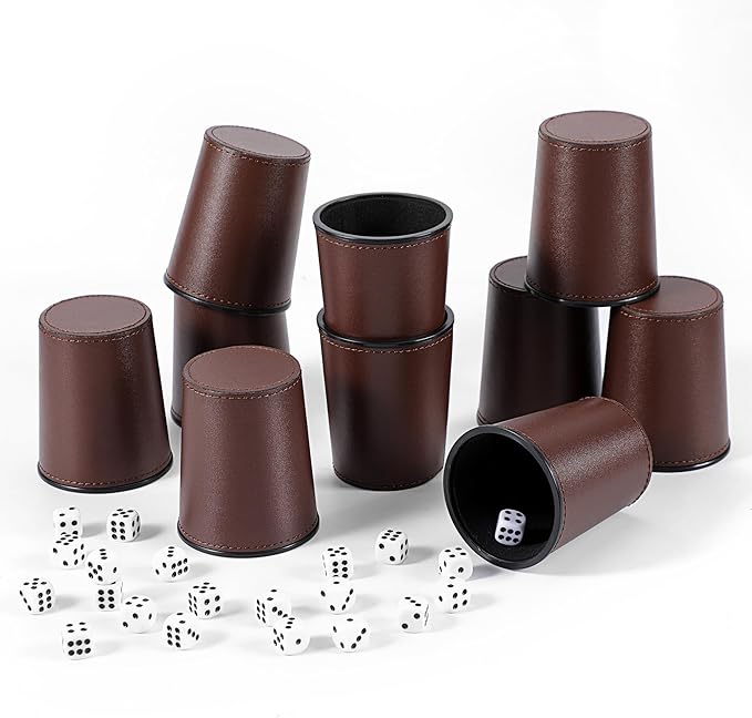 Leather Dice Cup Set, 5 Black Dice Cups + 25 Dices + Exclusive Storage and Transport Case Made of Faux Leather (10x Brown)