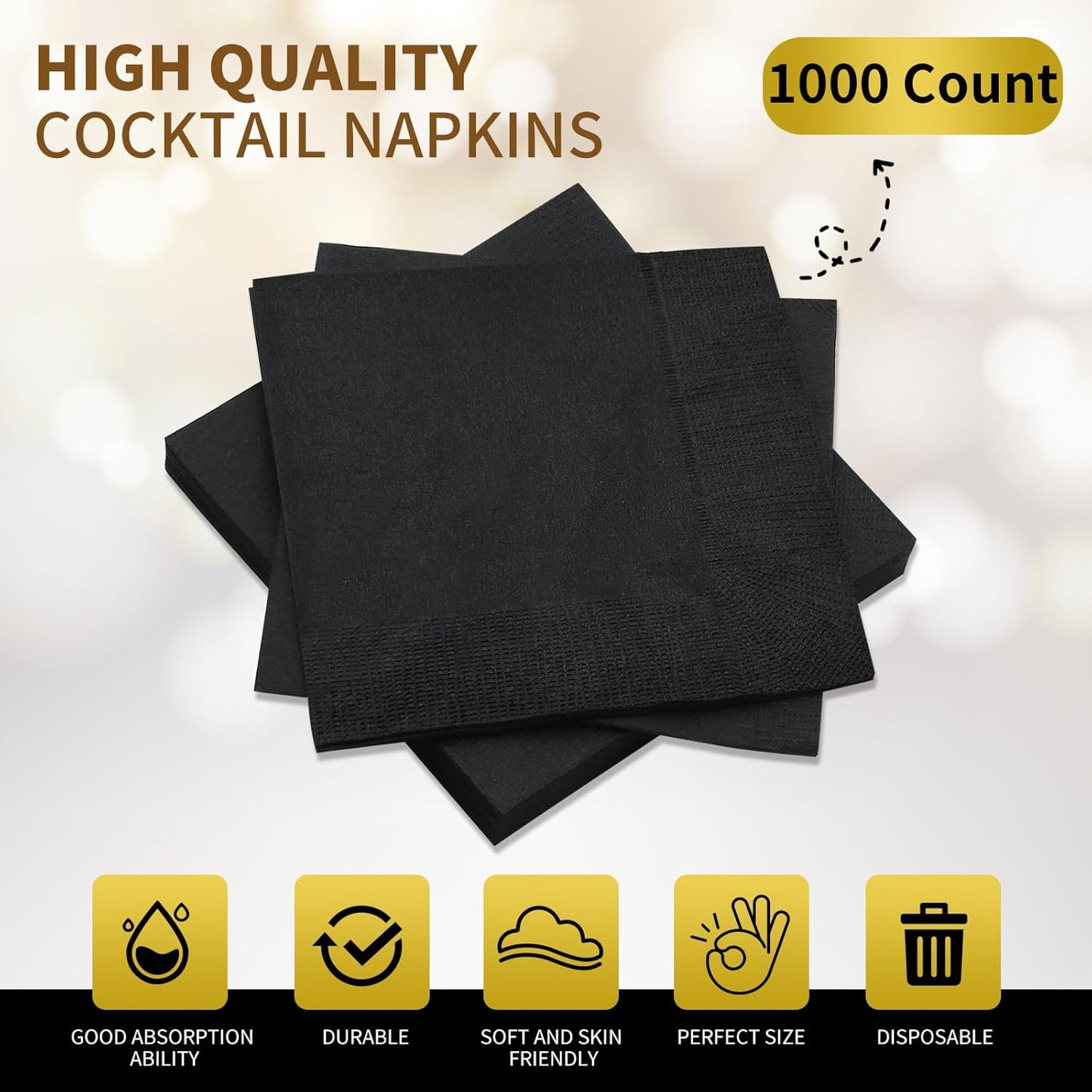 Cocktail Napkins - 1000 Count 2-Ply Black Napkins Disposable, 4.75 x 4.75 Inch Folded Paper Napkins Bulk Beverage Napkins for Dinner Wedding Bar Party and Everyday Use