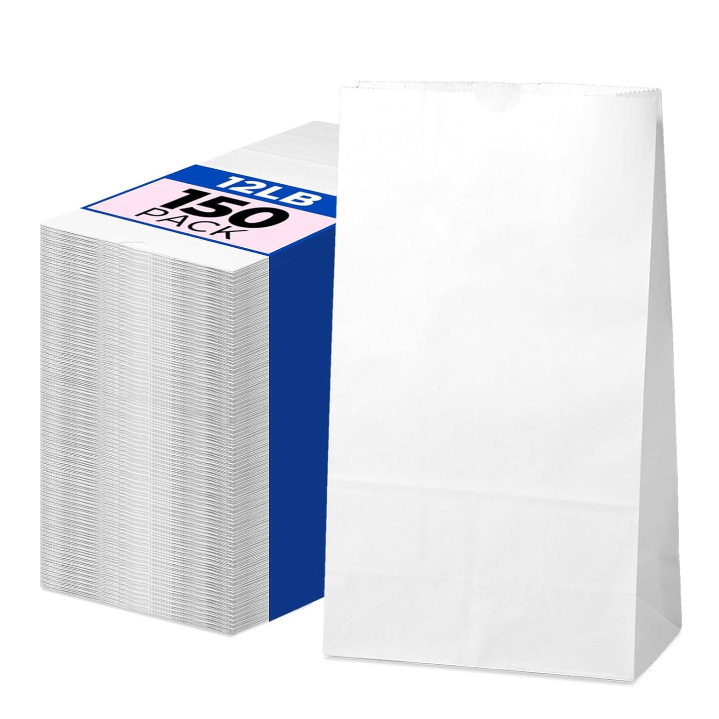 Fit Meal Prep 150 Pack 12 lb White Paper Lunch Bags, 13 x 7 x 4.5" Durable Paper Bags Bulk for Packing, Delivery, Take Out, Grocery, Retail Shopping, Premium Sack for Snacks, Bakery