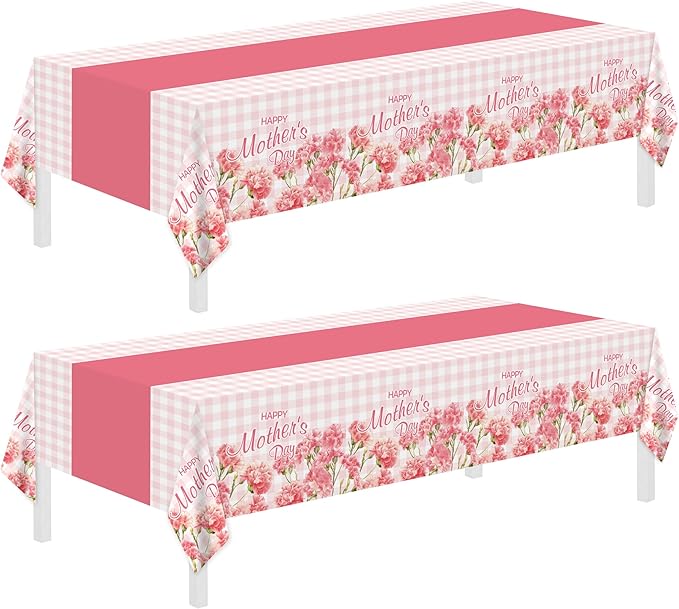 2 Pack Mothers Day Tablecloth,Mothers Decorations 54" x 108" Disposable Plastic Tablecloth,Mothers Table Cloth Plastic Pink Table Cover for Party Supplies,Birthday,Home,Dinner,Indoor,Outside Picnic