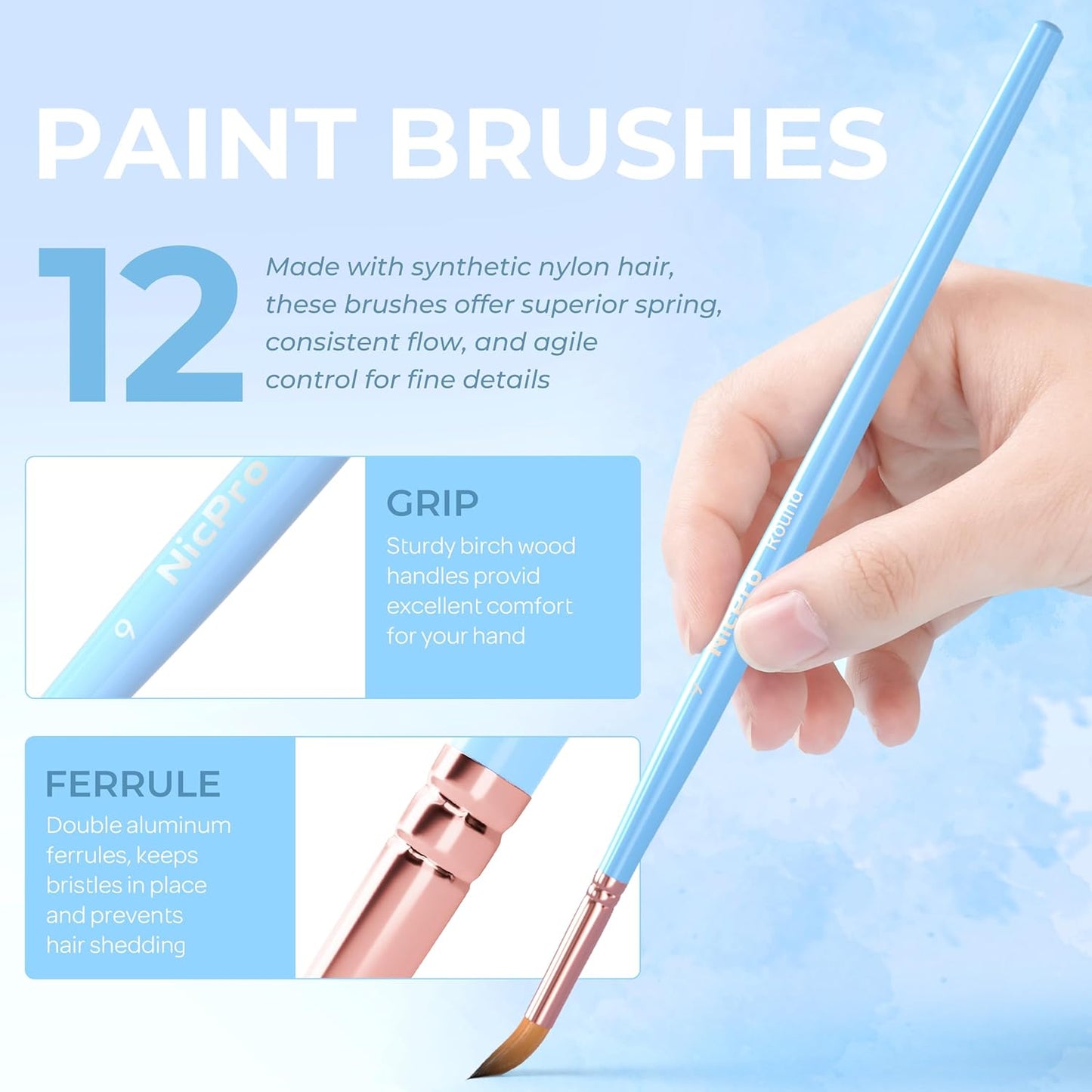 Nicpro 12pcs Artist Paint Brush Set, Aesthetic Pastel Paintbrushes Craft Paint Brushes for Acrylic Painting, Oil, Watercolor, Gouache, Tempera, Face, Body, Art Supplies for Artists and Beginners