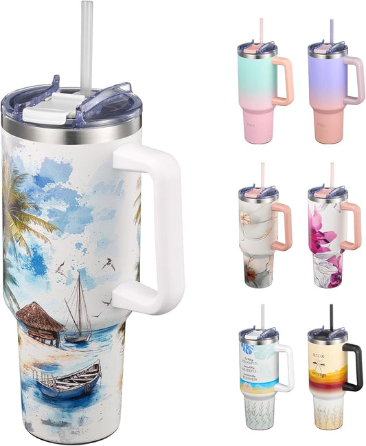 THILY 40 oz Stainless Steel Tumbler with Handle - Vacuum Insulated Travel Cup, Splash-Proof & Leakproof Lid, 2 Straws & Brush | Keeps Cold 34H/Hot 12H, Cupholder Friendly, Coastal Breeze