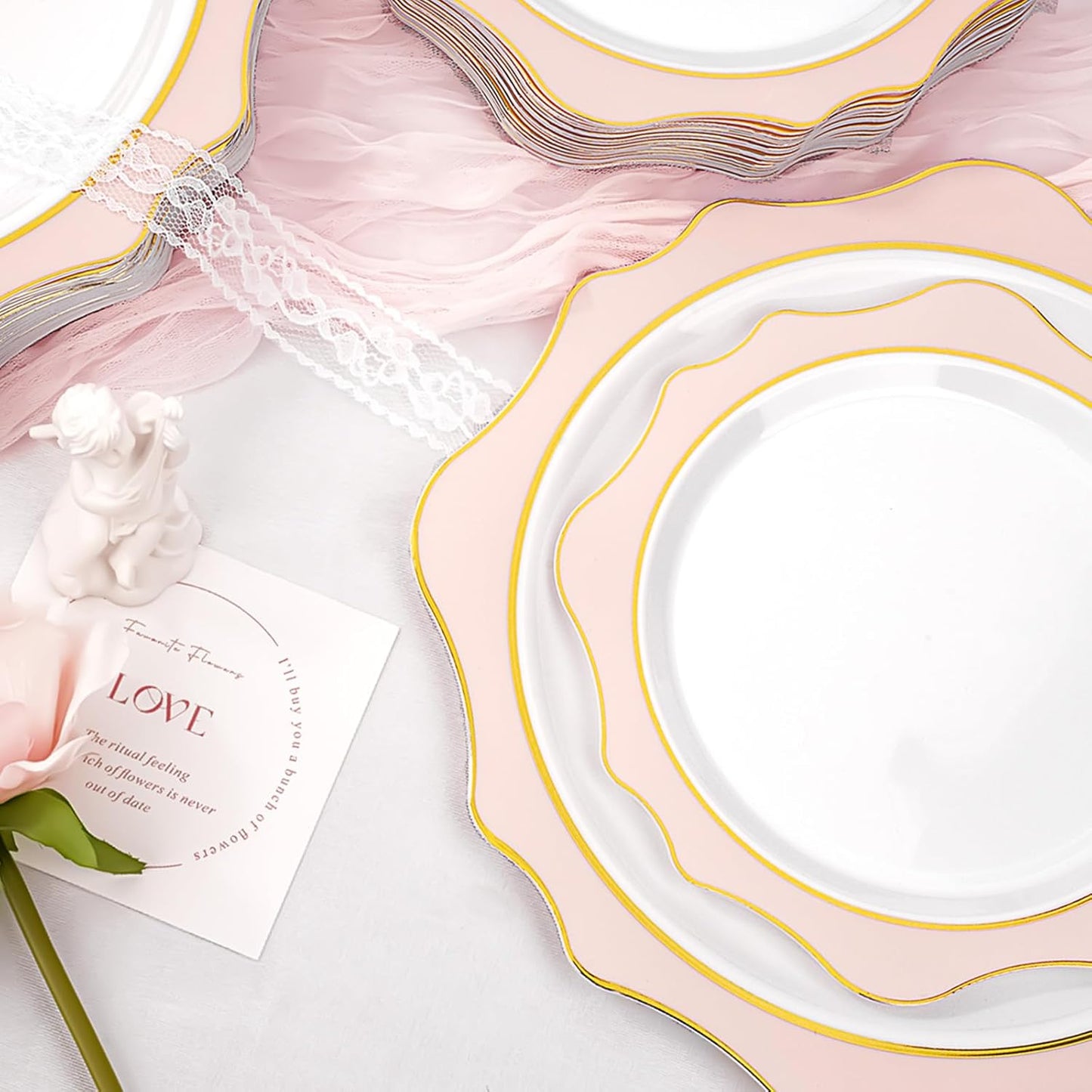 100 PCS White and Pink Disposable Plates for 50 Guests, Scalloped Plastic Plates Include 50 Dinner Plates and 50 Dessert Plates for Party, Wedding and Graduation