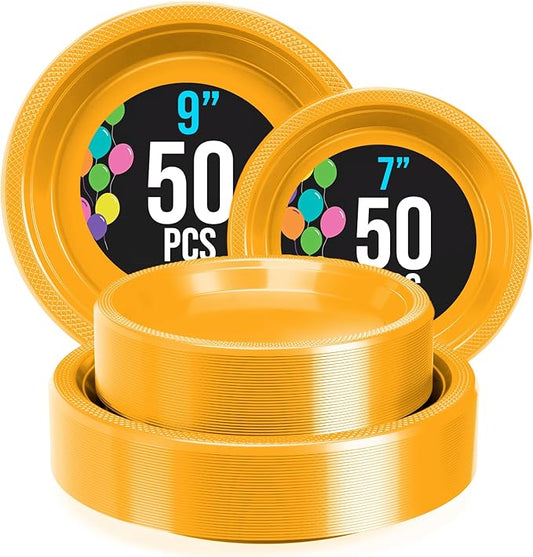 Party Solids Yellow Plastic Plates For Party Supplies, Yellow Disposable Plates 100 Pieces - 50-7" & 50-9" Heavy Duty 350 GSM Disposable Dinnerware Sets, Plastic Dinnerware Sets