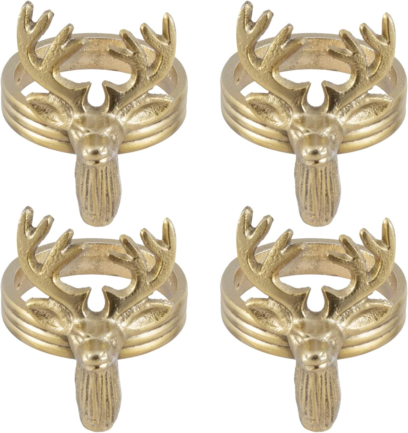 MyGift 4 Pc Deer Head Brass Napkin Rings, Decorative Brass-Tone Cast Aluminum Reindeer Ring for Dinner Napkins, Elk Shaped Cloth Serviette Holder - Handcrafted in India