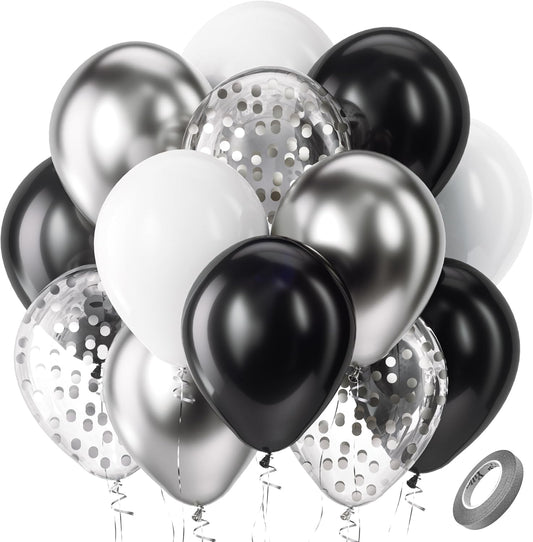 Bezente Black Silver Confetti Latex Balloons,60pcs 12 inch Black White Silver Metallic Chrome and Silver Confetti Balloons for Birthday, Baby Shower, Wedding, and Silver Theme Party Decoration