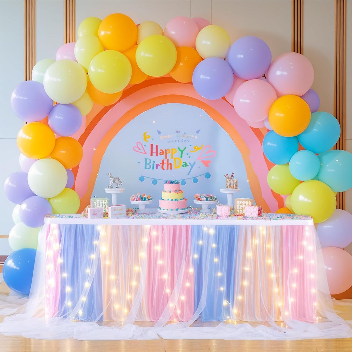 6FT Rainbow Tulle Table Skirt for Rectangle or Round Tables Rainbow Tutu Table Skirt with LED Lights for Princess Birthday Party Baby Shower Gender Reveal Wedding Banquet Cake Dessert Decorations