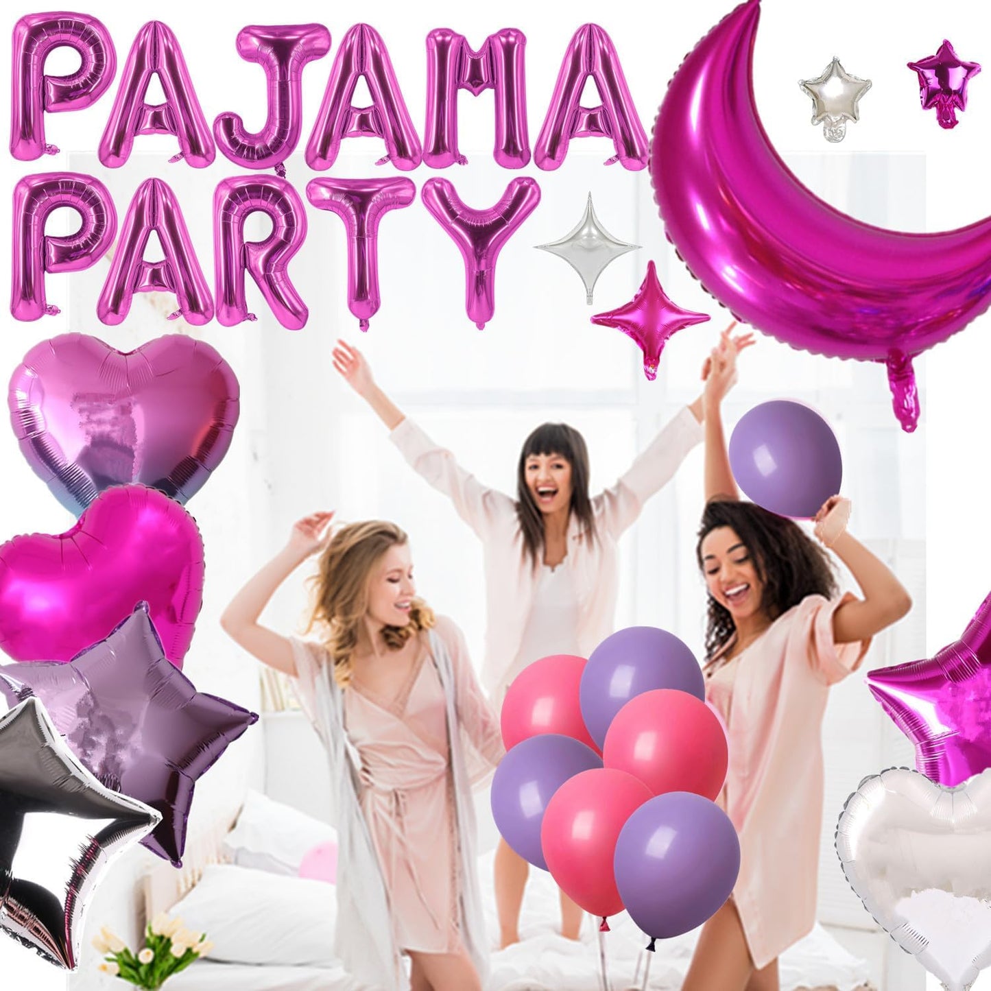 44 Pieces PAJAMA PARTY Balloons Rose Red Moon Star Heart Aluminum Foil Balloons Purple Latex Balloons for Girls Women Slumber Party Sleepover Birthday Party Spa Party Decoration (Rose red)