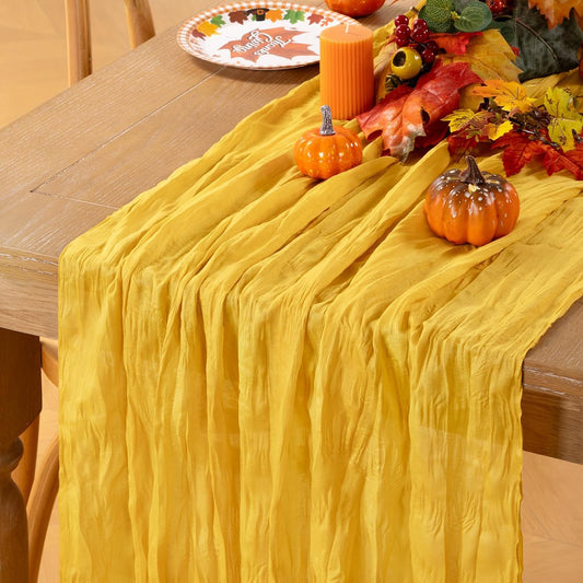 MLMC Gold Table Runner Rustic Fall Cheesecloth Table Runner 10ft Gauze Cheese Cloth Table Decoration 35x120 Inches for Wediing Picinc Party Family Gatherings Home Decor