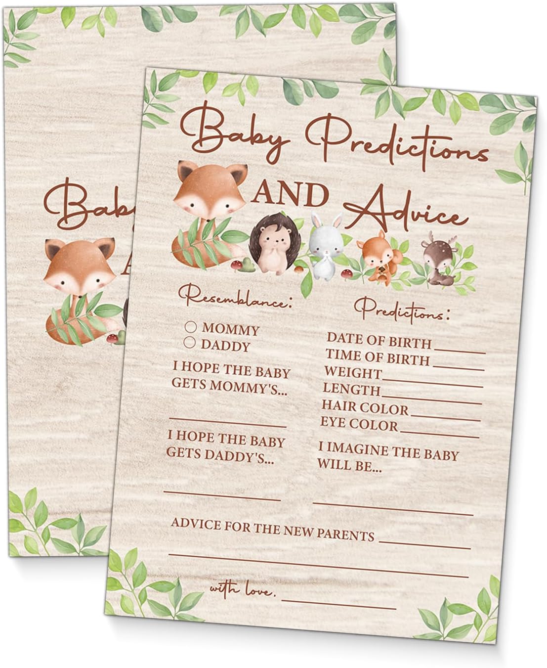 Baby Shower Predictions and Advice Cards for New Parents, Woodland Baby Shower Games, Set of 20 Cards, Forest Animals Theme, Gender Neutral Boy or Girl