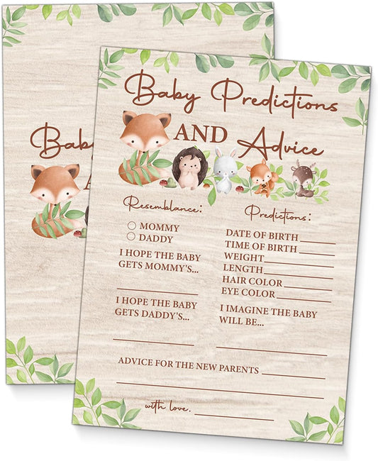 Baby Shower Predictions and Advice Cards for New Parents, Woodland Baby Shower Games, Set of 20 Cards, Forest Animals Theme, Gender Neutral Boy or Girl