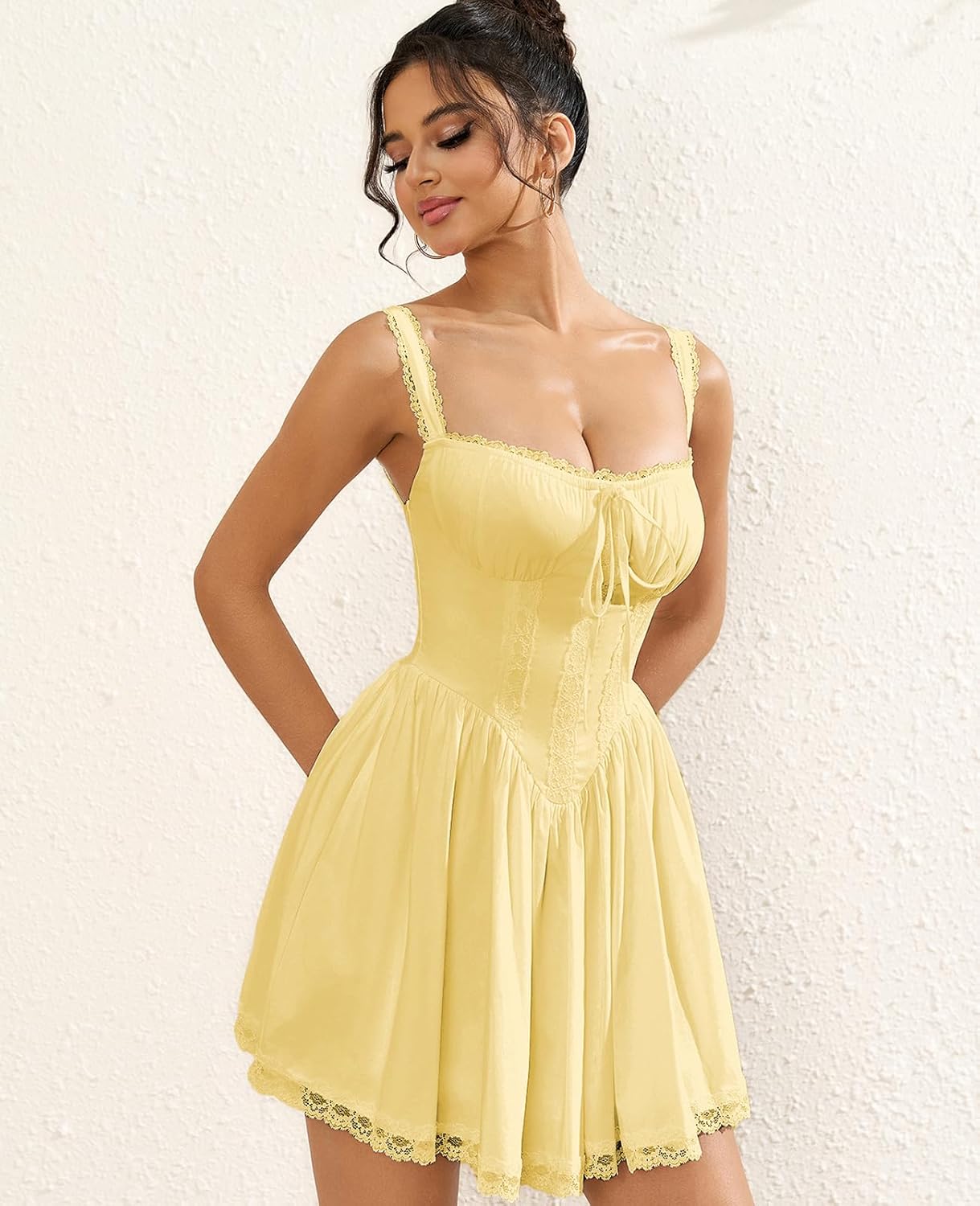 Womens Summer Mini Dress Square Neck Tie Front Lace Spliced Ruched Backless Casual Party Graduation Short Bodycon Dresses