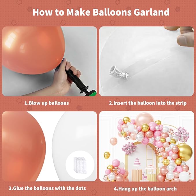 Rose Gold Balloons Arch Kit,130pcs Pearl Metallic Rose Gold Balloon Garland,Different Sizes White and Gold Latex Balloons for Wedding Bridal Baby Shower Birthday Party Decorations for Women