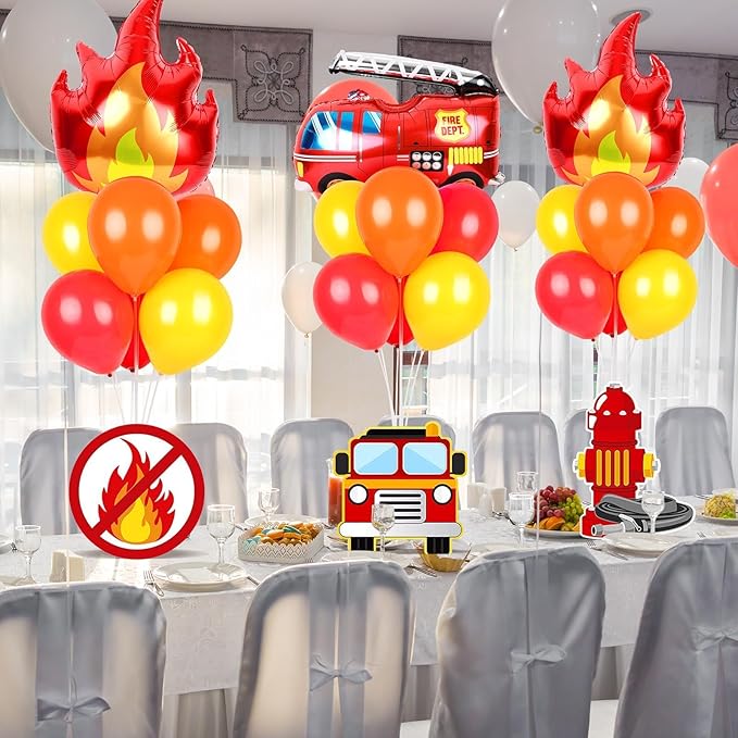 6 Sets Fire Fighting Party Balloon Stand Kit for Table Red Yellow Balloon Centerpiece Decor Fire Truck Party Balloon Stand Kit for Fireman Theme Birthday Supplies