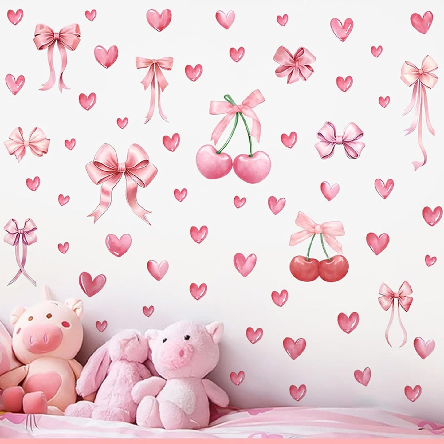 58pcs Bowtie and Cherry Room Decor Pink Wall Stickers and Decals for Bedroom Bathroom and Living Room Cherry Wall Sticker and Decal Bow Decor