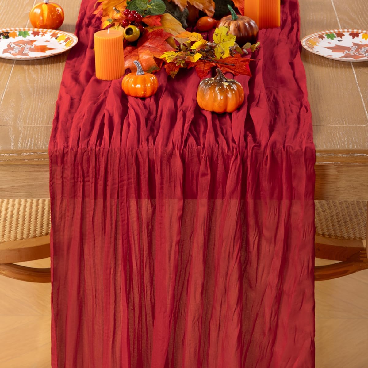 MLMC Red Table Runner 10ft Boho Rustic Gauze Fall Cheesecloth Table Runner Cheese Cloth Decor 35x120 Inches for Halloween Wedding Reception Home Winter Christmas Decor