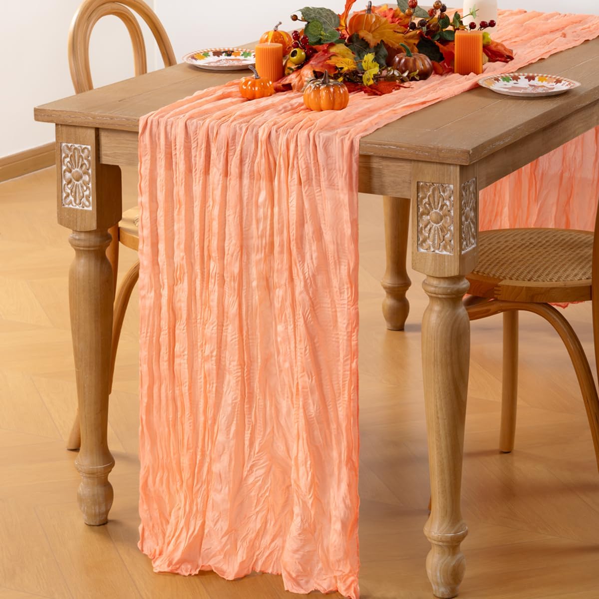 MLMC Peach Pink Cheesecloth Table Runner 10ft Rustic Fall Gauze Coral Cheese Cloth Table Runner 35x120 Inches for Wedding Bridal Baby Shower Thanksgiving Party Decor