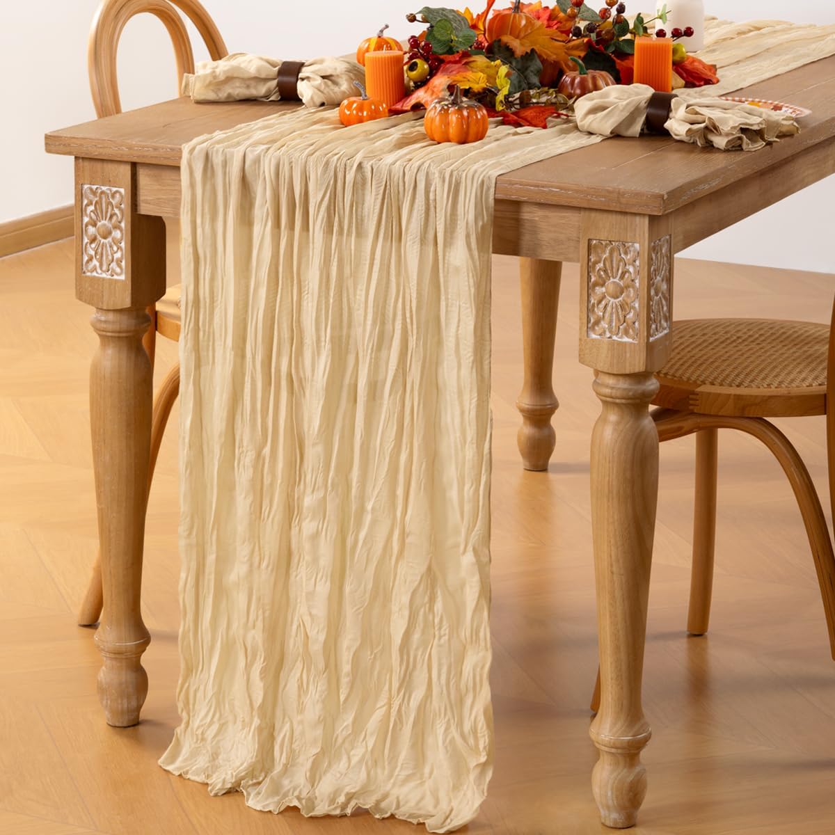 MLMC Champagne Cheesecloth Table Runner 10ft Sand Rustic Fall Gauze Cheese Cloth Table Runner 35x120 Inches for Farmhouse Cozy Holiday Outdoor Events Home Decor