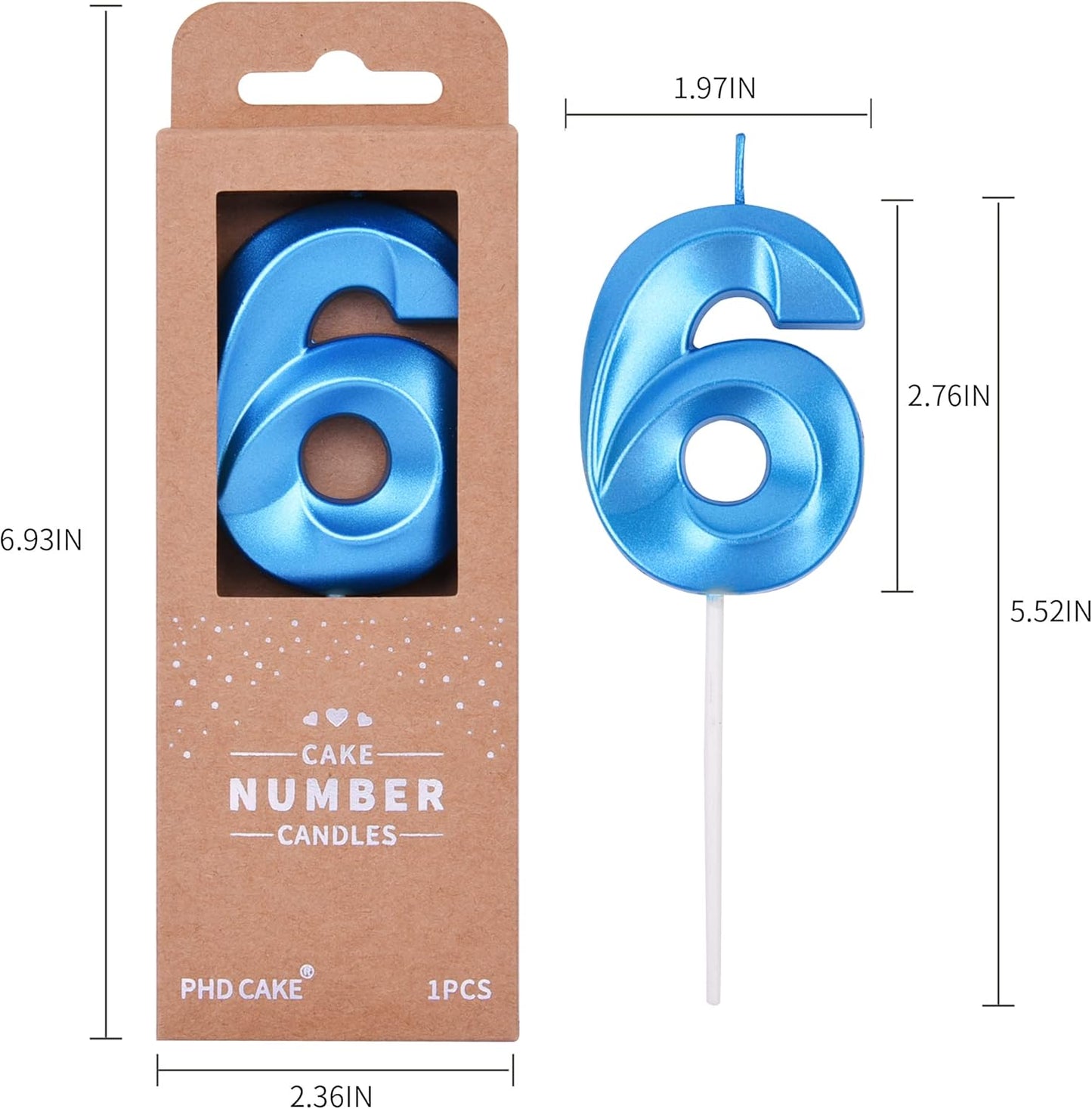 PHD CAKE 2.76 Inch Diamond Blue 6 Number Birthday Candles, Blue Number Candles, Cake Number Candles, Party Celebration
