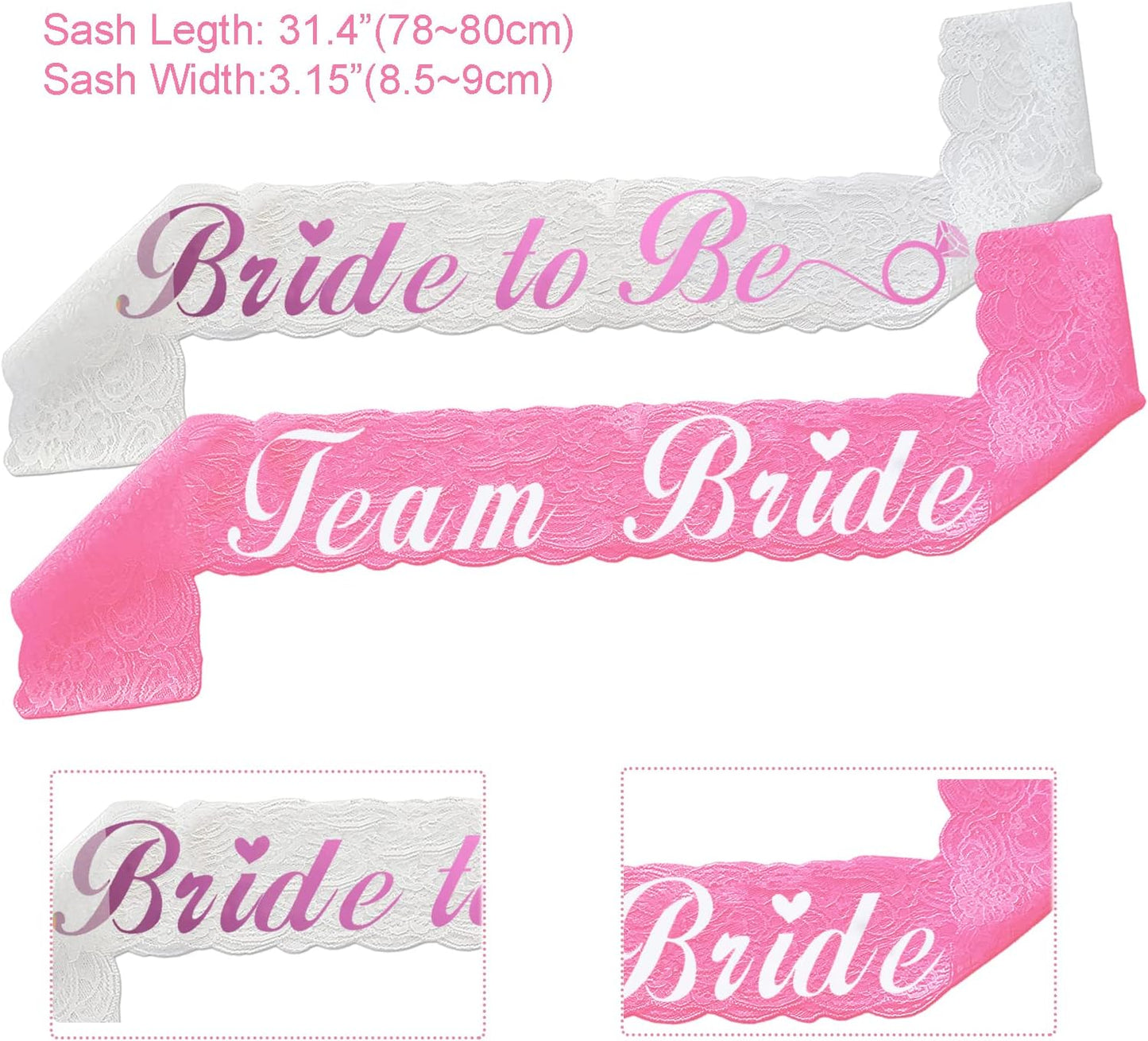 Team Bride Sash Set- 1 White Lace Bride to Be Sash and 6 Team Bride Sashes for Bachelorette Party Supplies
