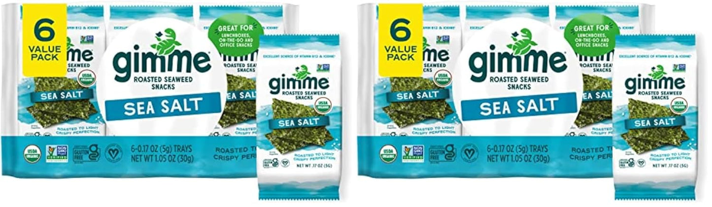 Gimme Seaweed - Sea Salt - 6 Count - Organic Roasted Seaweed Sheets - Keto, Vegan, Gluten Free - Great Source of Iodine & Omega 3’s - Healthy On-The-Go Snack for Kids Adults (Pack of 2)