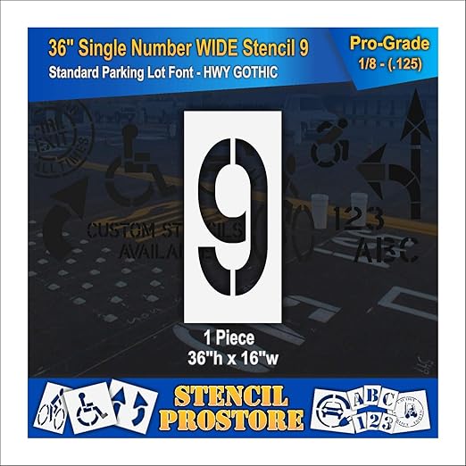 Pavement Stencils - 36 inch Single Number Stencil (Wide) - 9-36" x 16" x 1/8" (128 mil) - Pro-Grade