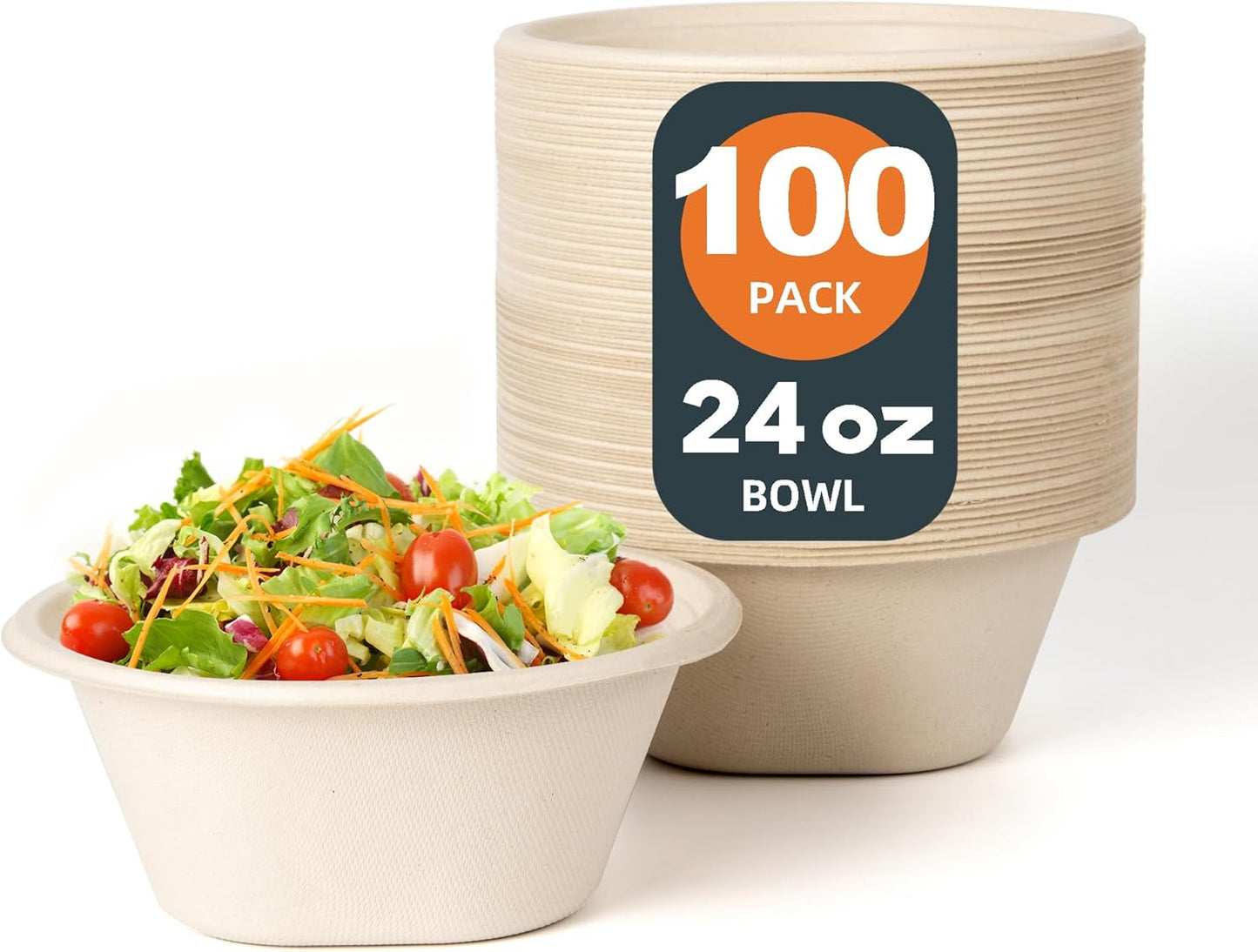 24 OZ Heavy Duty Disposable Bowls - Eco-friendly Sugarcane Bagasse - Biodegradable and Compostable - Ideal for Cereal, Rice, French Fries [100 Pack]