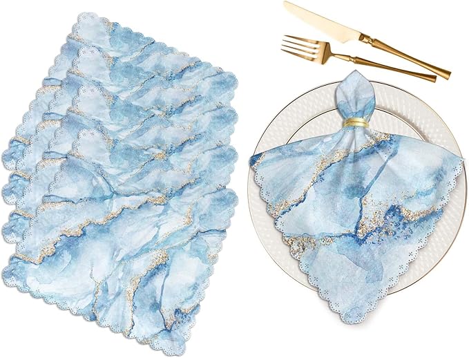 Yibeas Abstract White Blue Marble Cloth Napkins Set of 4 Soft Gold Glitter Veins Fake Stone Texture Washable and Reusable Dinner Napkins for Weddings Parties 18 x 18 inch